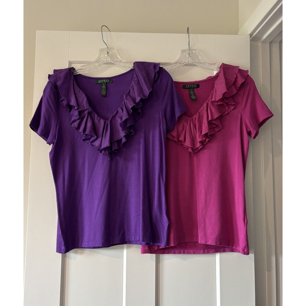 Lauren Ralph Lauren Lot Of 2 Ruffled V-Neck Tops Size M Purple & Pink Rayon